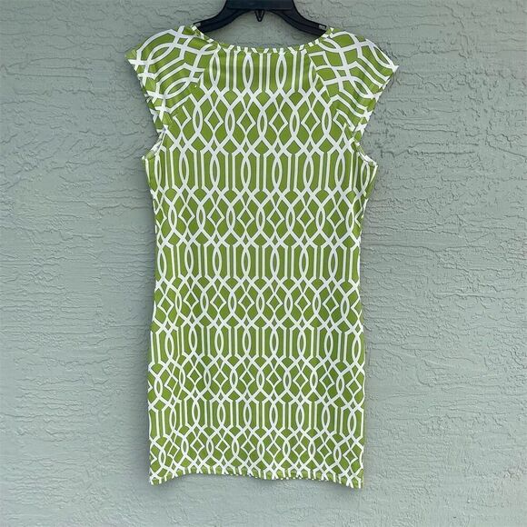Jean-Pierre Klifa Daphne Dress M Green Geometric Knee Length Cap Sleeve - Picture 3 of 10